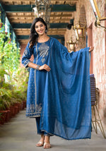 Blue Ethnic Motif Printed Liva Rayon Kurta Pant And Dupatta Set With Sequins & Tassels-J4638BLUE