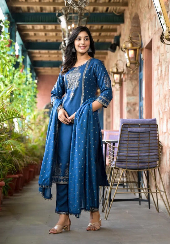 Blue Ethnic Motif Printed Liva Rayon Kurta Pant And Dupatta Set With Sequins & Tassels-J4638BLUE