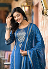 Blue Ethnic Motif Printed Liva Rayon Kurta Pant And Dupatta Set With Sequins & Tassels-J4638BLUE