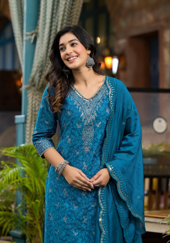 Blue Poly Staple Ethnic Motif Printed Kurta Pant And Dupatta Set With Sequins Mirror & Zari Work-J4643BLUE