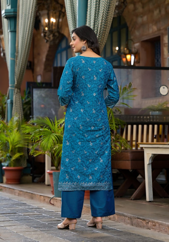 Blue Poly Staple Ethnic Motif Printed Kurta Pant And Dupatta Set With Sequins Mirror & Zari Work-J4643BLUE