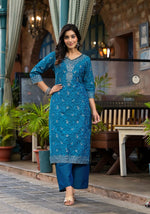 Blue Poly Staple Ethnic Motif Printed Kurta Pant And Dupatta Set With Sequins Mirror & Zari Work-J4643BLUE