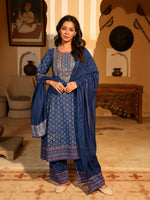 Blue Ethnic Motif Printed Polycotton Kurta Pant And Dupatta Set With Thread Zari Work & Sequins-J4665BLUE