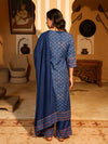 Blue Ethnic Motif Printed Polycotton Kurta Pant And Dupatta Set With Thread Zari Work & Sequins-J4665BLUE