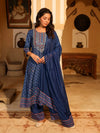 Blue Ethnic Motif Printed Polycotton Kurta Pant And Dupatta Set With Thread Zari Work & Sequins-J4665BLUE