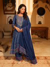 Blue Ethnic Motif Printed Polycotton Kurta Pant And Dupatta Set With Thread Zari Work & Sequins-J4665BLUE