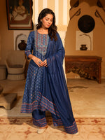 Blue Ethnic Motif Printed Polycotton Kurta Pant And Dupatta Set With Thread Zari Work & Sequins-J4665BLUE