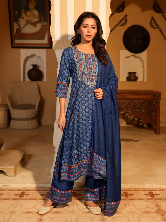 Blue Ethnic Motif Printed Polycotton Kurta Pant And Dupatta Set With Thread Zari Work & Sequins-J4665BLUE