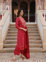 Red Ethnic Motif Printed Polycotton Kurta Pant And Dupatta Set With Thread Zari Work & Sequins-J4665RED