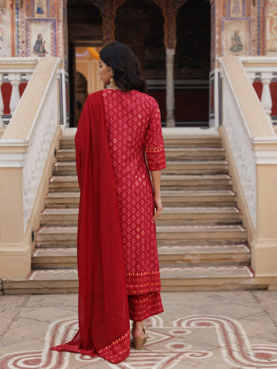 Red Ethnic Motif Printed Polycotton Kurta Pant And Dupatta Set With Thread Zari Work & Sequins-J4665RED