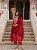 Red Ethnic Motif Printed Polycotton Kurta Pant And Dupatta Set With Thread Zari Work & Sequins-J4665RED