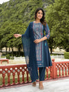 Blue Floral Printed Liva Rayon Kurta Pant & Dupatta Set With Doris At Waist & Thread Work & Tassels-J4666BLUE