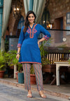 Blue Thread Embroidered Liva Rayon Short Kurta And Pant Set With Buttons & Coins-J4669BLUE