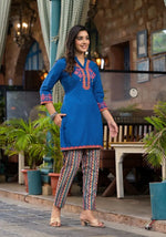 Blue Thread Embroidered Liva Rayon Short Kurta And Pant Set With Buttons & Coins-J4669BLUE