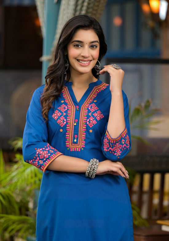 Blue Thread Embroidered Liva Rayon Short Kurta And Pant Set With Buttons & Coins-J4669BLUE