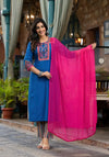 Blue Thread Embroidered Liva Rayon Kurta Pant And Dupatta Set With Mirror Work Beads & Coins-J4670BLUE