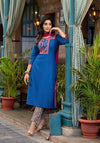 Blue Thread Embroidered Liva Rayon Kurta Pant And Dupatta Set With Mirror Work Beads & Coins-J4670BLUE