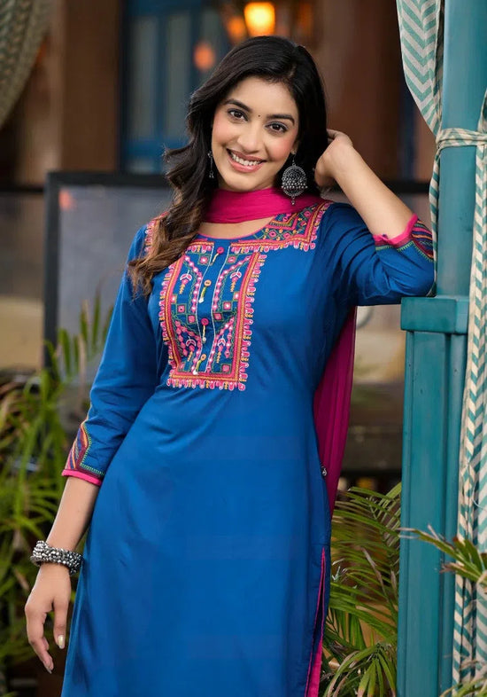 Blue Thread Embroidered Liva Rayon Kurta Pant And Dupatta Set With Mirror Work Beads & Coins-J4670BLUE