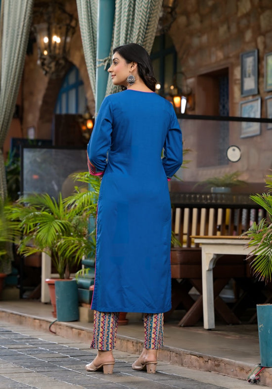 Blue Thread Embroidered Liva Rayon Kurta Pant And Dupatta Set With Mirror Work Beads & Coins-J4670BLUE