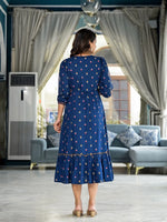 Blue Ethnic Motif Printed Liva Rayon A-Lined Tiered Dress With Belt-J4673BLUE