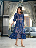 Blue Ethnic Motif Printed Liva Rayon A-Lined Tiered Dress With Belt-J4673BLUE