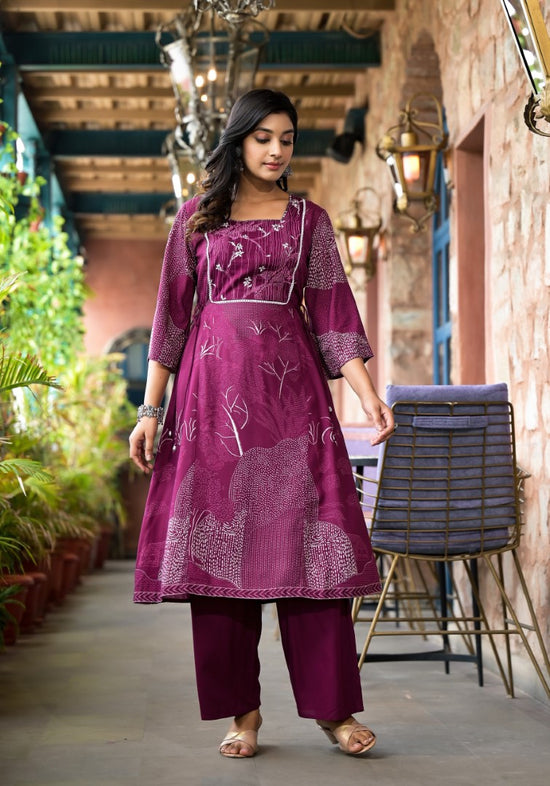 Wine Abstract Printed Liva Rayon A-Lined Kurta Pant And Dupatta Set With Doris At Waist-J4675WINE