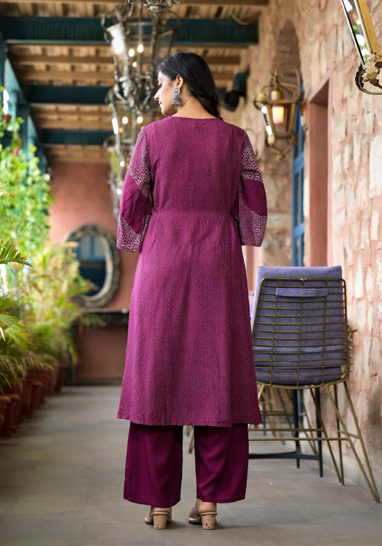 Wine Abstract Printed Liva Rayon A-Lined Kurta Pant And Dupatta Set With Doris At Waist-J4675WINE