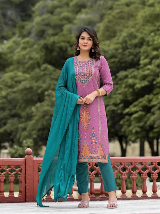 Lavender Ethnic Motif Printed Liva Rayon Kurta Pant And Dupatta Set With Buttons & Tassels-J4678LAVENDER