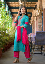 Turquoise Ethnic Motif Printed Liva Rayon Kurta Pant And Dupatta Set With Zari & Mirror Work-J4679TURQUOISE