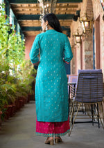 Turquoise Ethnic Motif Printed Liva Rayon Kurta Pant And Dupatta Set With Zari & Mirror Work-J4679TURQUOISE