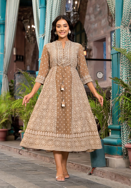 Brown Ethnic Motif Printed Georgette A-Lined Dress With Sequins & Doris-J4694BROWN