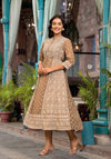 Brown Ethnic Motif Printed Georgette A-Lined Dress With Sequins & Doris-J4694BROWN