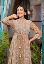 Brown Ethnic Motif Printed Georgette A-Lined Dress With Sequins & Doris-J4694BROWN