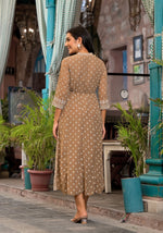 Brown Ethnic Motif Printed Georgette A-Lined Dress With Sequins & Doris-J4694BROWN