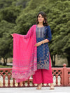 Blue Ethnic Motif Printed Viscose Kurta Pant And Dupatta Set With Sequins Work-J4702BLUE