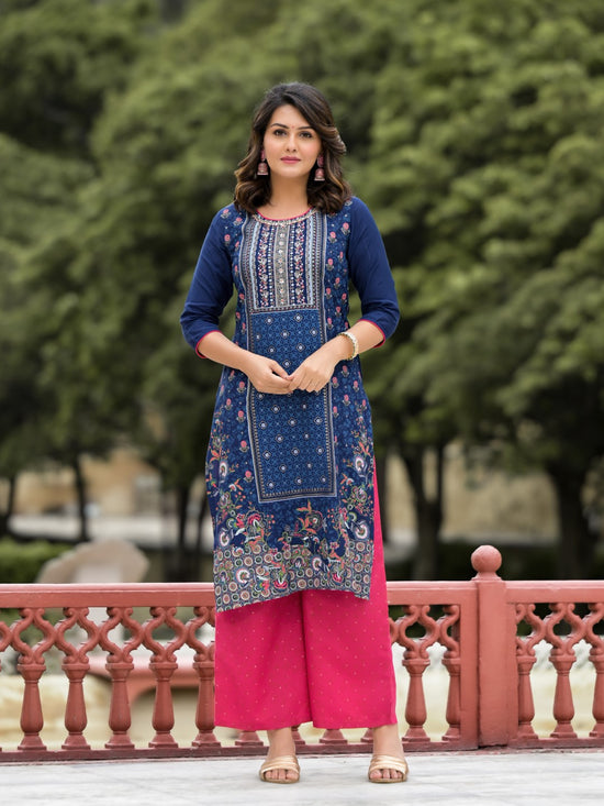 Blue Ethnic Motif Printed Viscose Kurta Pant And Dupatta Set With Sequins Work-J4702BLUE