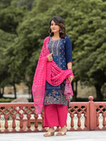 Blue Ethnic Motif Printed Viscose Kurta Pant And Dupatta Set With Sequins Work-J4702BLUE