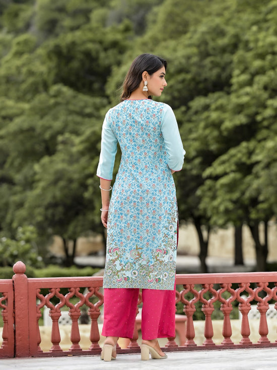 Sky Blue Ethnic Motif Printed Viscose Kurta Pant And Dupatta Set With Sequins Work And Beads Work-J4702SKYBLUE