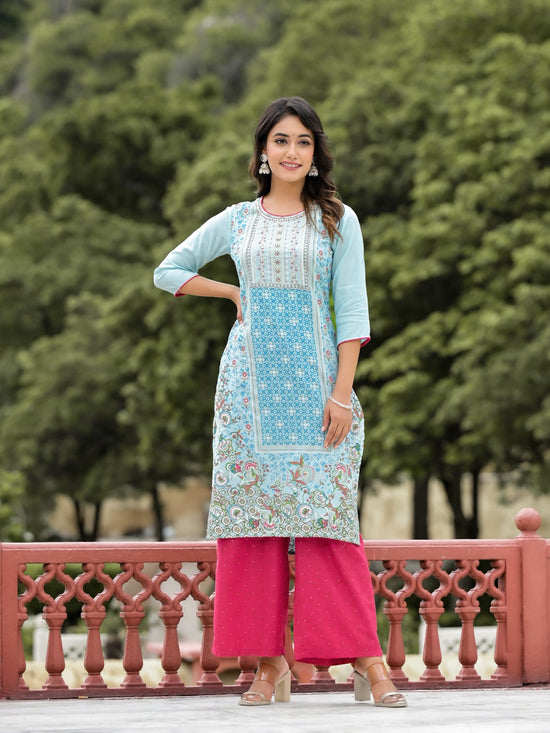 Sky Blue Ethnic Motif Printed Viscose Kurta Pant And Dupatta Set With Sequins Work And Beads Work-J4702SKYBLUE