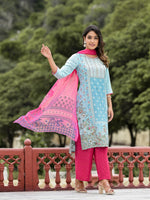 Sky Blue Ethnic Motif Printed Viscose Kurta Pant And Dupatta Set With Sequins Work And Beads Work-J4702SKYBLUE