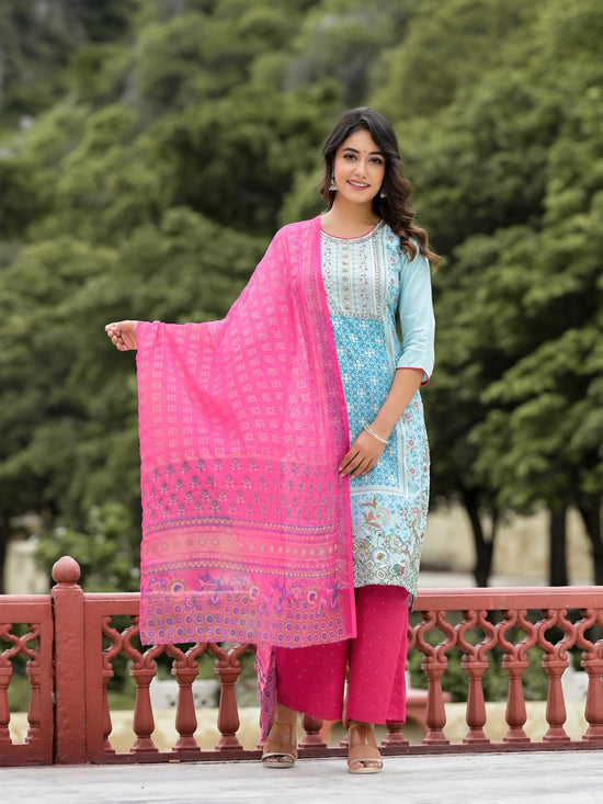 Sky Blue Ethnic Motif Printed Viscose Kurta Pant And Dupatta Set With Sequins Work And Beads Work-J4702SKYBLUE