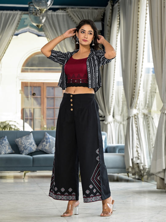 Black Geometric Printed Liva Rayon Shrug With Inner & Palazzo Set With Thread & Mirror Work-J4718BLACK