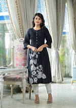 Black Floral Printed Cotton Kurta With Button Detailing-J4719BLACK