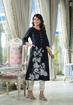 Black Floral Printed Cotton Kurta With Button Detailing-J4719BLACK