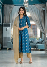 Blue Ethnic Motif Printed Polycotton Kurta Pant And Dupatta Set With Sequins Gota Patti & Beads-J4731BLUE