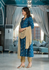 Blue Ethnic Motif Printed Polycotton Kurta Pant And Dupatta Set With Sequins Gota Patti & Beads-J4731BLUE