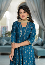 Blue Ethnic Motif Printed Polycotton Kurta Pant And Dupatta Set With Sequins Gota Patti & Beads-J4731BLUE