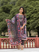 Black Floral Printed Liva Rayon Kurta Pant And Dupatta Set With Tassels & Sequins-J4748BLACK