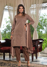 Brown Geometric Printed Cotton Kurta Pant Set With Tassels On Dupatta-J4755BROWN