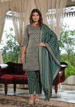 Green Geometric Printed Cotton Kurta Pant Set With Tassels On Dupatta-J4756GREEN